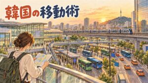 ソウルの地下鉄駅の改札前で交通カードをタッチしようとしている旅行者の後ろ姿