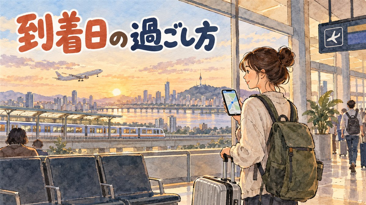仁川空港の到着ロビーでスーツケースを引く旅行者の後ろ姿と窓の外の空