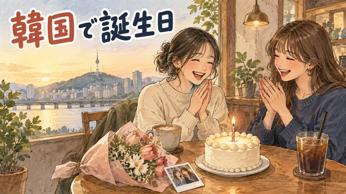 韓国のカフェでろうそくを灯したホールケーキを前にした誕生日のワンシーン