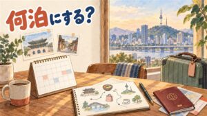 秋のソウルで宮殿を背にスーツケースを引く旅行者
