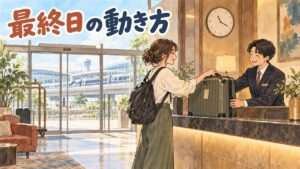 韓国旅行の最終日、チェックアウト後にスーツケースを引いて空港へ向かう旅行者のイメージ