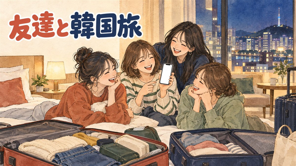 スーツケースを持った友達4人組がソウルの街を歩いている様子