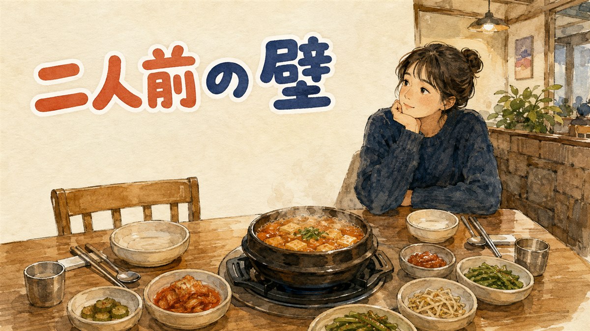 韓国の小さな食堂で一人前の注文について店員に確認する女性旅行者