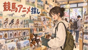 韓国のアニメイトコリア弘大店の店内でウマ娘プリティーダービーのグッズを手に取る来店客の様子