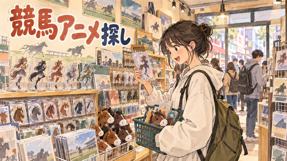 韓国のアニメイトコリア弘大店の店内でウマ娘プリティーダービーのグッズを手に取る来店客の様子