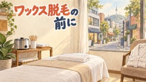 ソウルの美容サロンの個室を描いた水彩イラスト。白いタオルをたたんで置いた施術用ベッド、木の台にワックスを温める金属の容器と木のヘラ、白い布の束、観葉植物、椅子にたたんだバスローブ。窓の外は午後の弘大の路地。左上に「ワックス脱毛の前に」の手書き文字