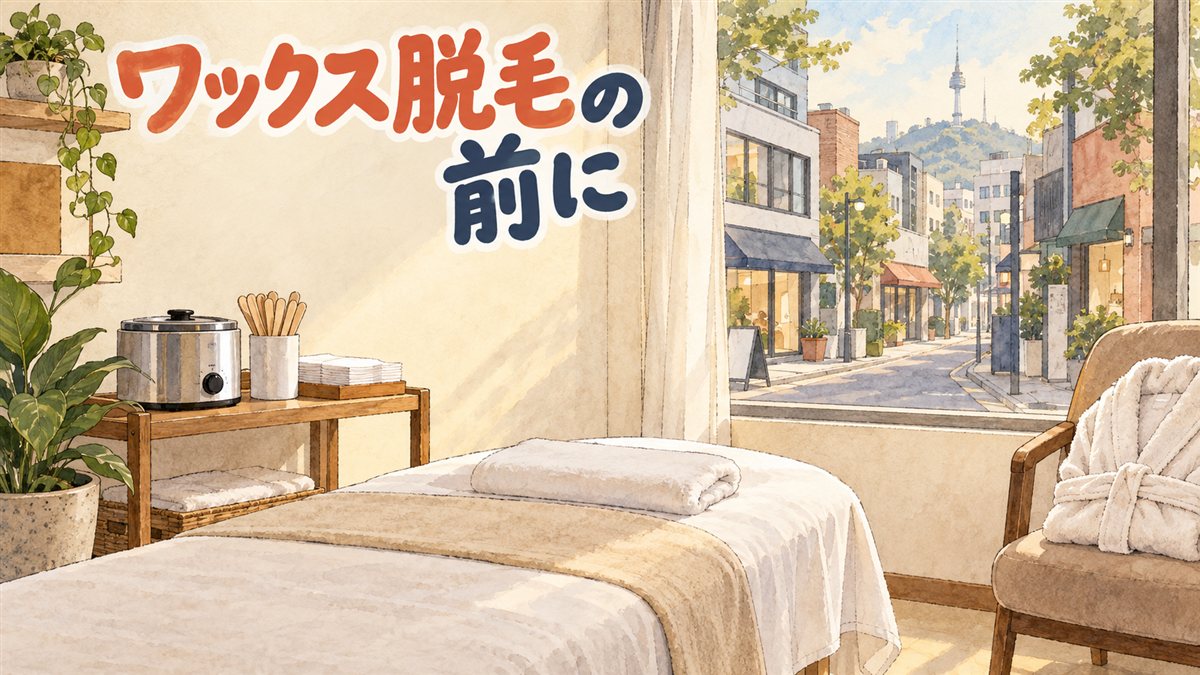 ソウルの美容サロンの個室を描いた水彩イラスト。白いタオルをたたんで置いた施術用ベッド、木の台にワックスを温める金属の容器と木のヘラ、白い布の束、観葉植物、椅子にたたんだバスローブ。窓の外は午後の弘大の路地。左上に「ワックス脱毛の前に」の手書き文字