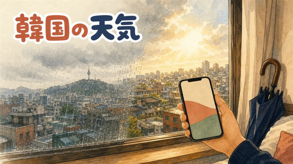 スマートフォンで韓国の天気予報サイトを確認している様子