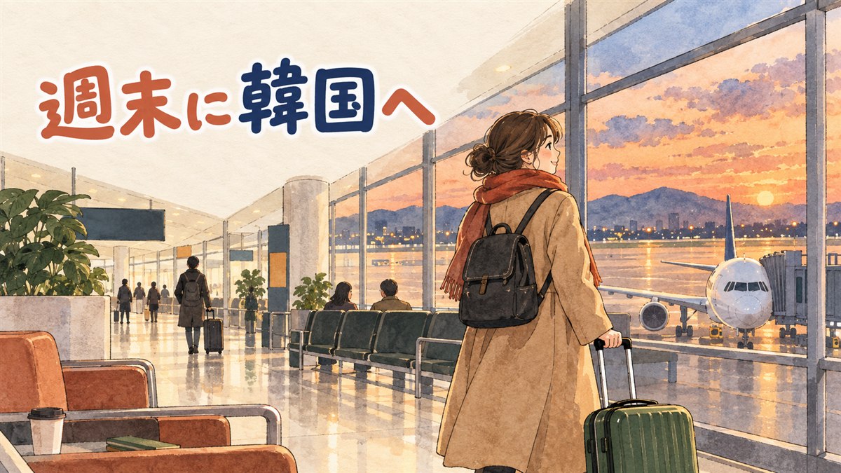 金曜の夜、空港の窓の外に夜景が広がる中、旅行バッグを持って搭乗ゲートへ向かう女性ひとり旅行者