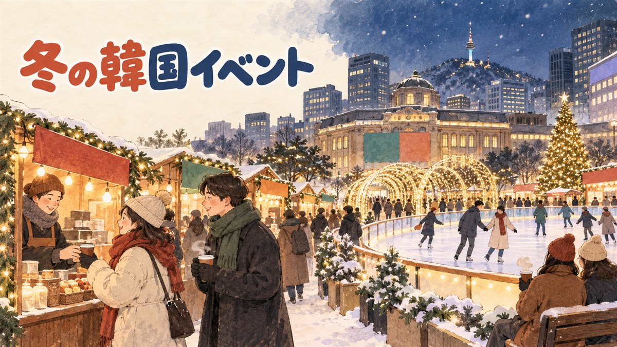 ソウルの冬、光化門前のクリスマスマーケットとイルミネーションのイメージ