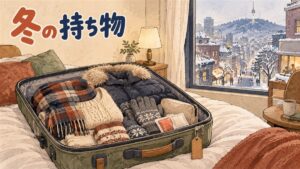 冬のソウルの街を厚手のコートとマフラーで歩く旅行者