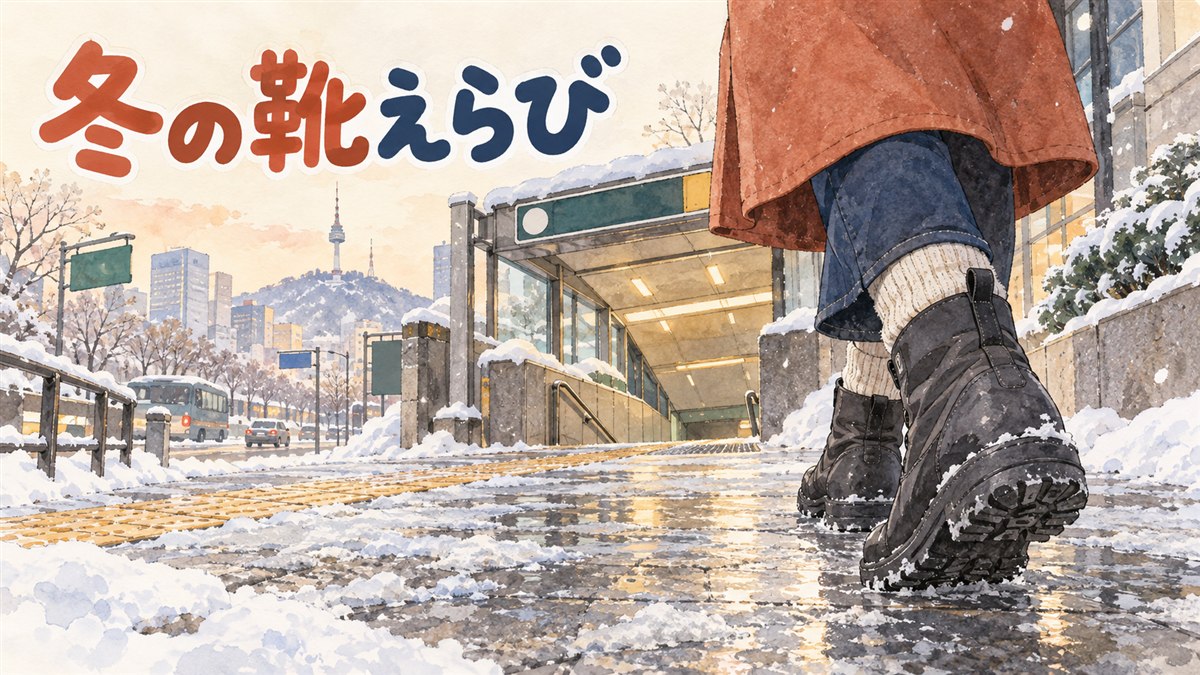 雪が積もったソウルの歩道を防水ブーツで歩く旅行者の後ろ姿