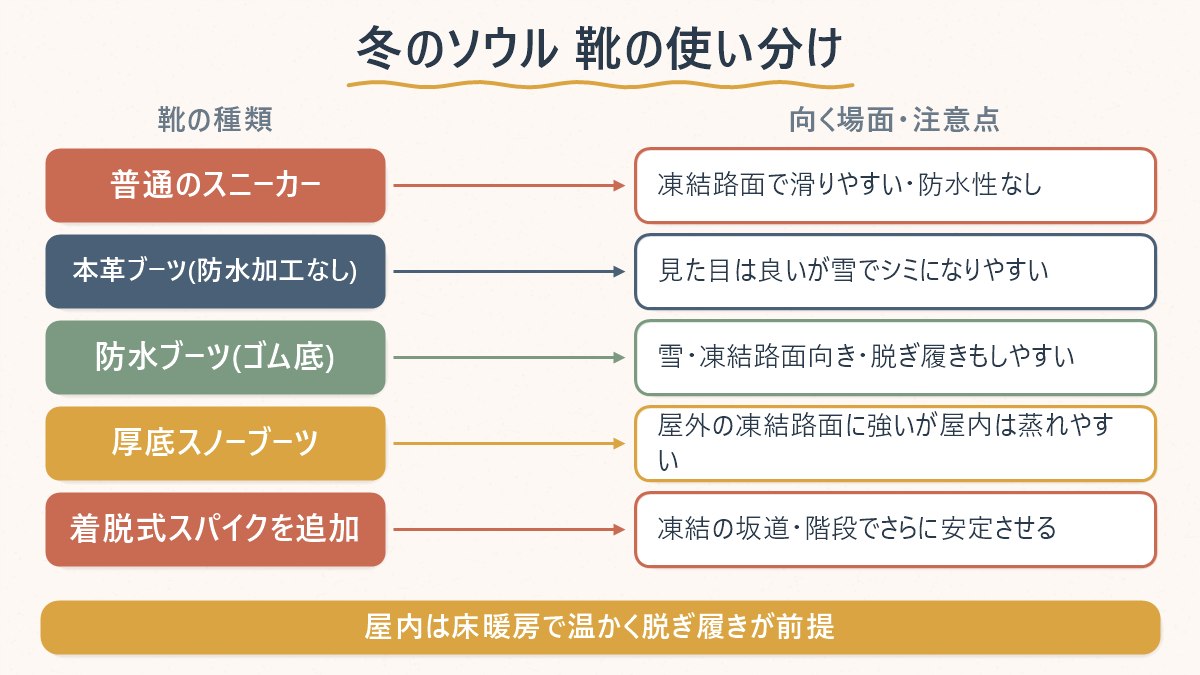 靴の種類ごとに冬のソウルでの向き不向きを整理した対応表