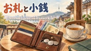 韓国の紙幣4枚を大きさ順に並べて色と肖像の組み合わせを示した図解