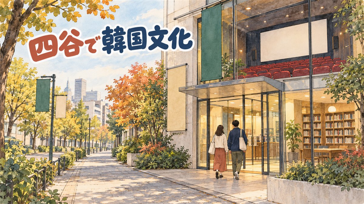 東京・四谷の駐日韓国文化院で韓国映画祭のチラシを見る来場者のイメージ