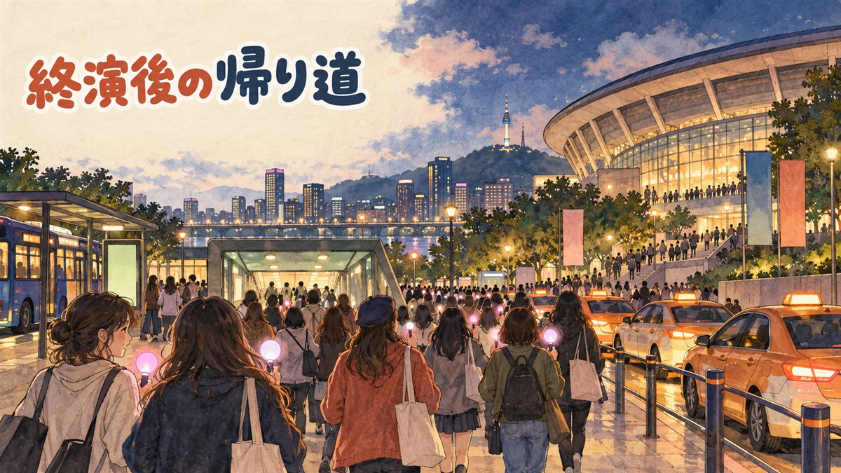 コンサート終演後、地下鉄の改札に向かう来場者たちのシルエット