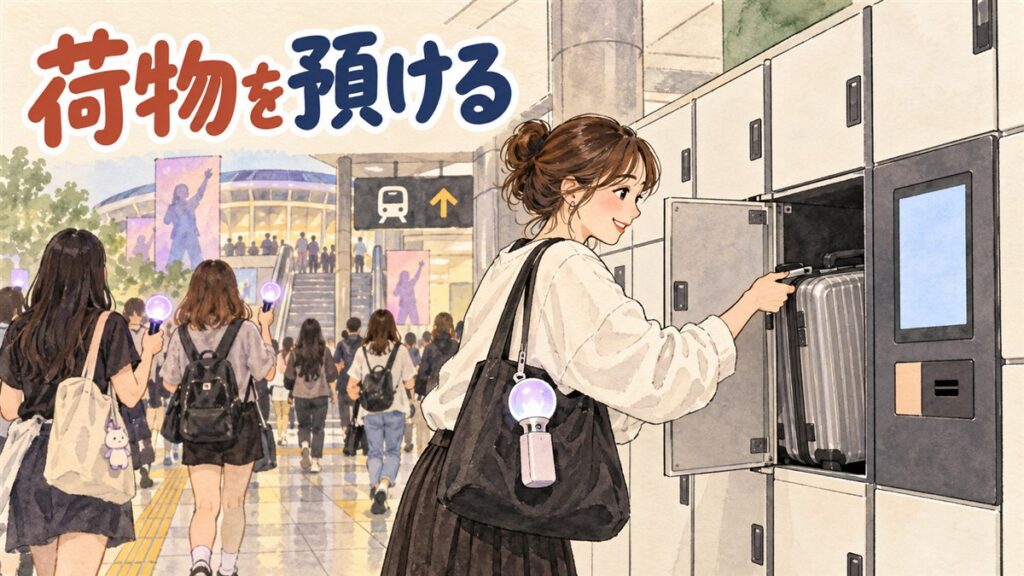 コンサート会場近くの地下鉄駅でスーツケースをコインロッカーに預ける旅行者の様子