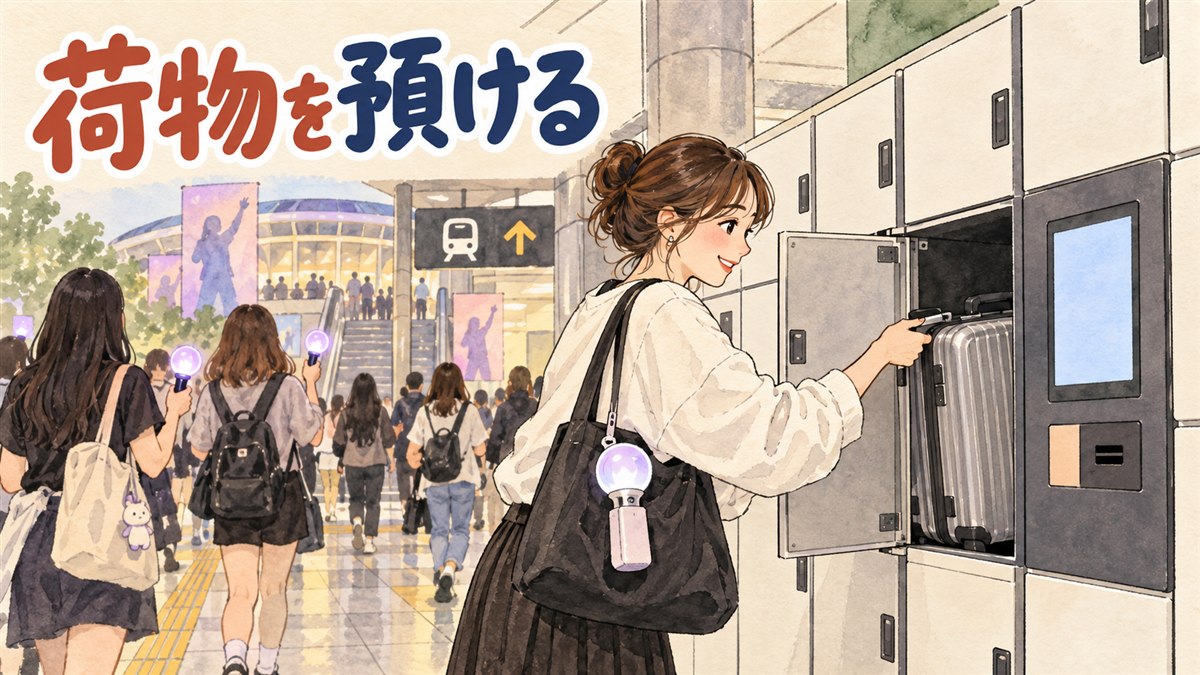 コンサート会場近くの地下鉄駅でスーツケースをコインロッカーに預ける旅行者の様子