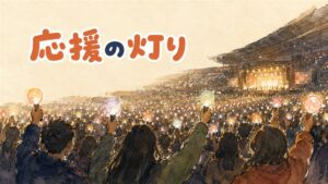 K-POPの公式ペンライトの箱を開けて中身を確認している場面のイラスト