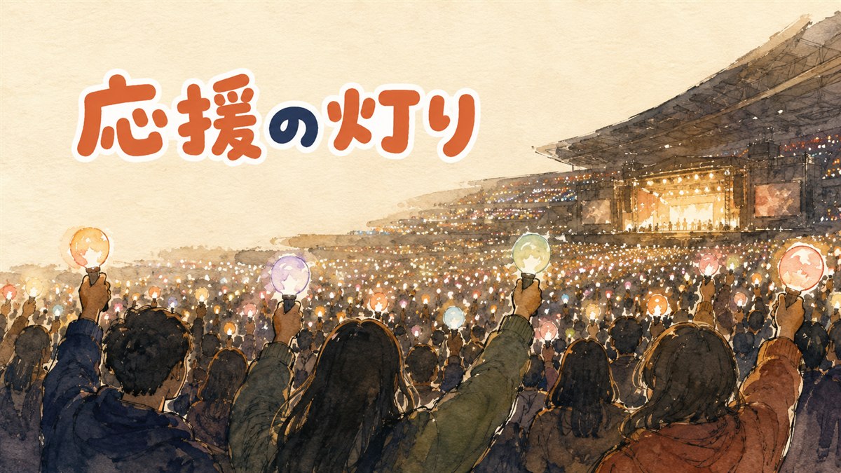 K-POPの公式ペンライトの箱を開けて中身を確認している場面のイラスト