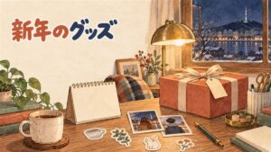 K-POPのシーズングリーティンググッズが並ぶ様子を旅行者が眺めている情景