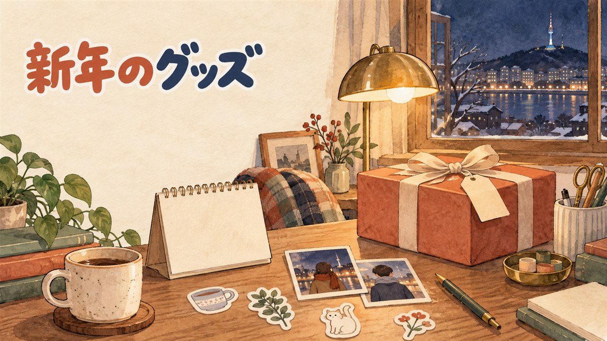 K-POPのシーズングリーティンググッズが並ぶ様子を旅行者が眺めている情景