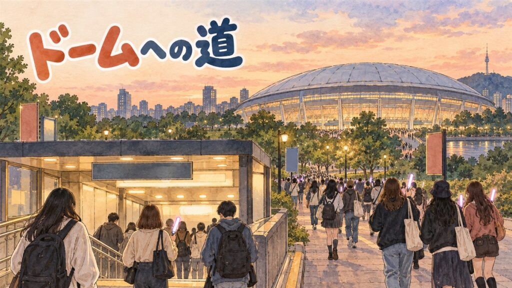 地下鉄駅の出口からK-POPコンサート会場へ向かう観客たちの後ろ姿