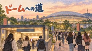 地下鉄駅の出口からK-POPコンサート会場へ向かう観客たちの後ろ姿