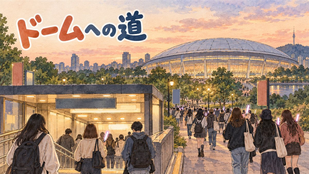 地下鉄駅の出口からK-POPコンサート会場へ向かう観客たちの後ろ姿
