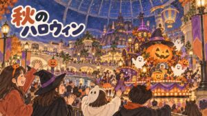 ロッテワールドの夜のハロウィンパレードとホラーな演出をイメージした情景