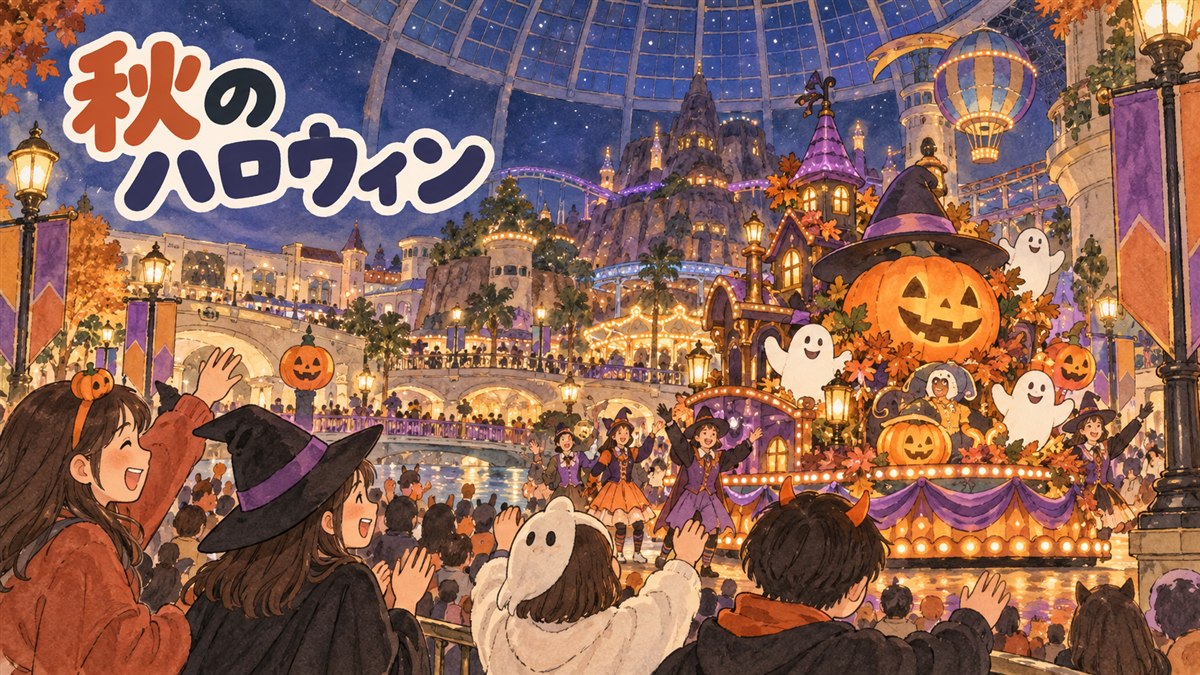 ロッテワールドの夜のハロウィンパレードとホラーな演出をイメージした情景
