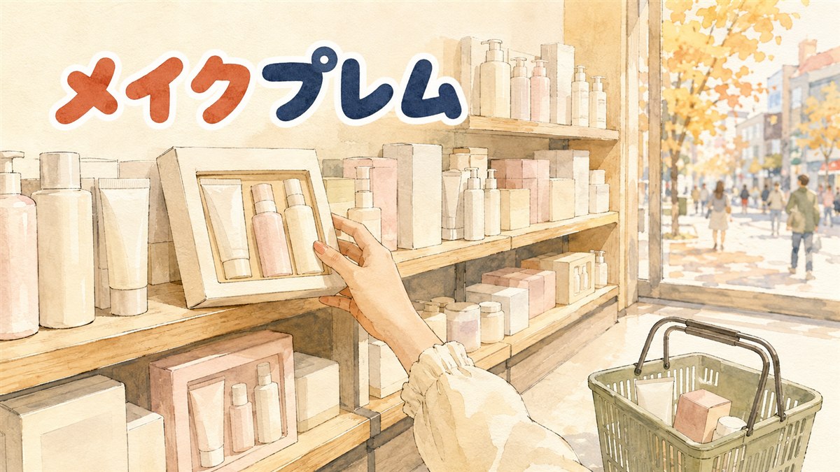 韓国のドラッグストアのスキンケア売り場。木の棚に無地の白やピンクの化粧品ボトルと箱入りの企画セットが並び、手前で買い物客の手が箱をひとつ取ろうとしている。右手の大きな窓から秋の午後の光と街路樹が見える