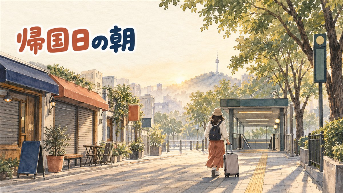望遠洞・延南洞のカフェ街から弘大入口駅へスーツケースを引いて向かう朝の様子