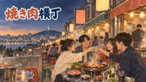 マポ・カルメギ横丁の路地で焼き網からカルメギサルの煙が上がる情景