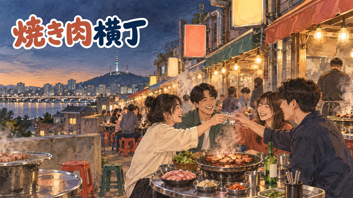 マポ・カルメギ横丁の路地で焼き網からカルメギサルの煙が上がる情景