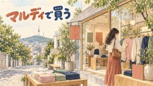 漢南洞の路地に立つマルディメクルディの店構えと、紙袋を持って歩く人のイメージ