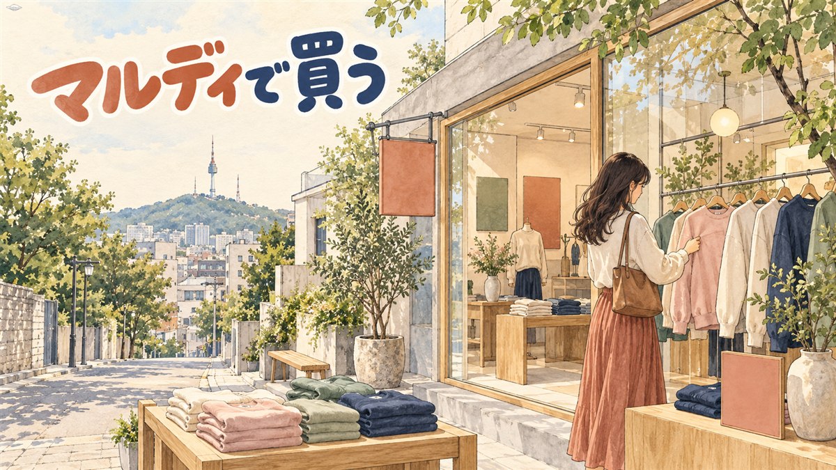 漢南洞の路地に立つマルディメクルディの店構えと、紙袋を持って歩く人のイメージ