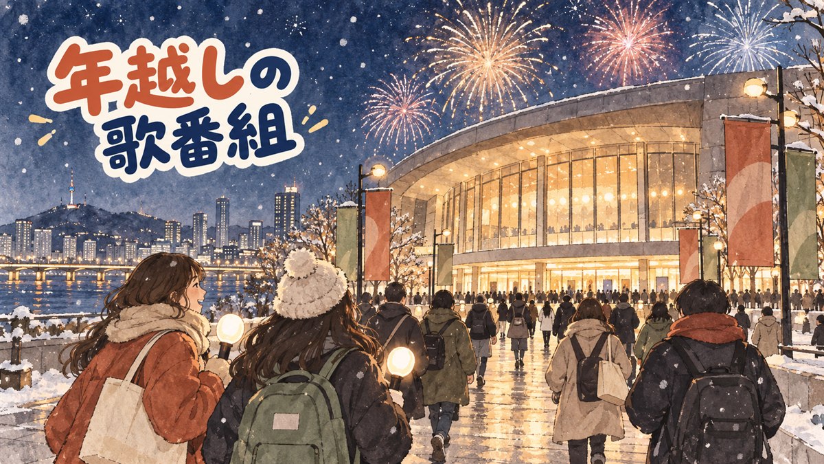 大晦日の夜、一山MBCドリームセンターの外観と観覧客の列を俯瞰したイメージ