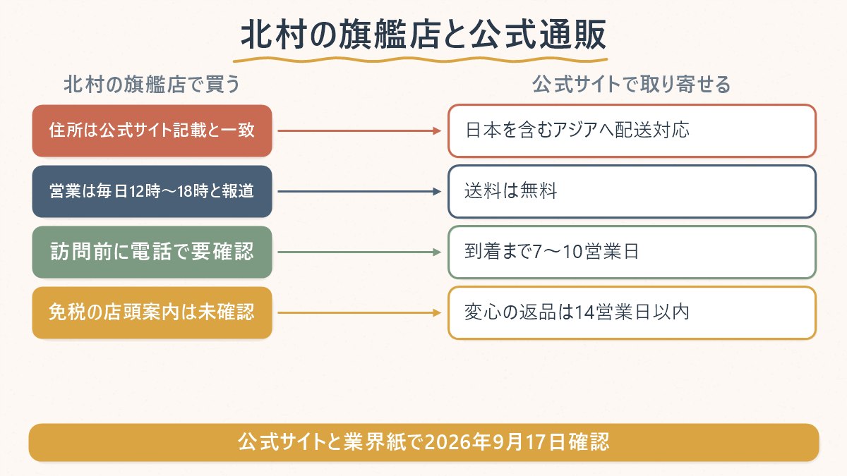 北村の旗艦店で買う場合と公式サイトで取り寄せる場合を比べる図