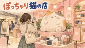 渋谷のポップアップストアでもちにゃみのグッズが並ぶ様子を描いたイメージ