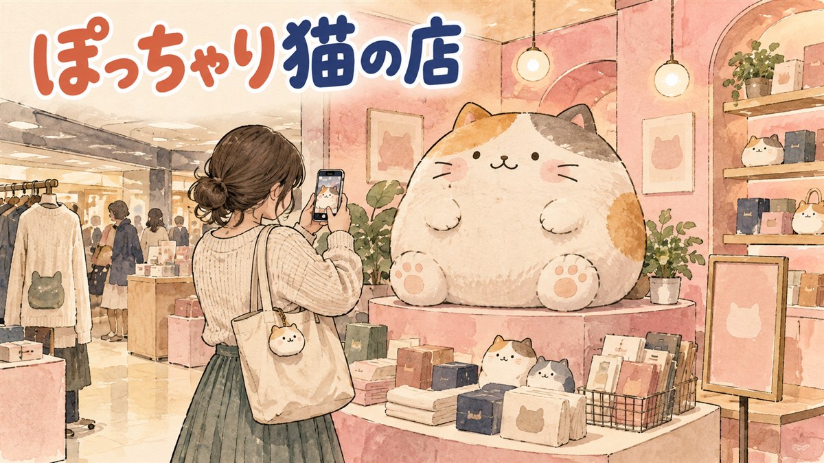 渋谷のポップアップストアでもちにゃみのグッズが並ぶ様子を描いたイメージ
