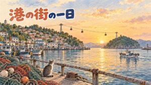 木浦海上ケーブルカーのゴンドラが海の上を渡っていく風景