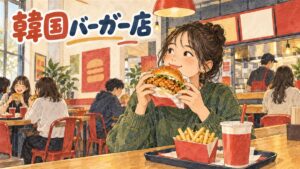 マムズタッチ日本の店舗外観と看板メニューのチキンバーガーのイメージ