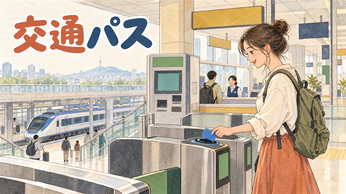 仁川空港の到着ロビーで交通カードの購入窓口に立ち寄る旅行者のイメージ