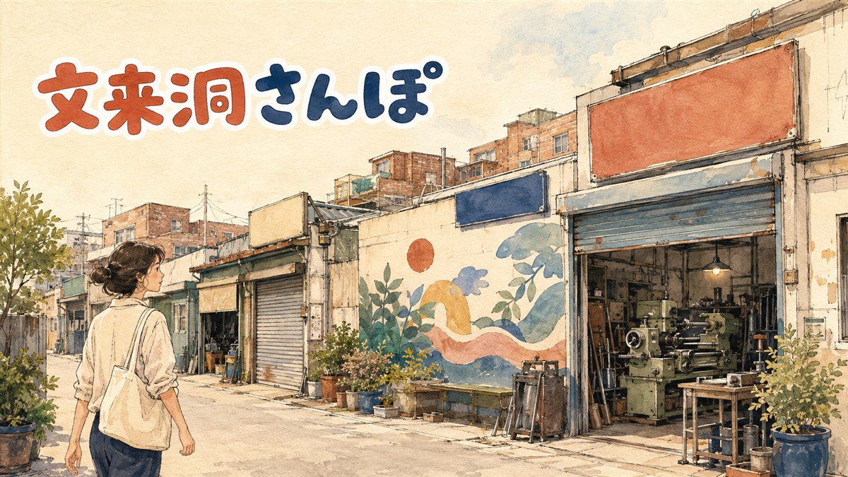 ソウル永登浦区・文来洞の鉄工所が並ぶ路地に、壁画とアトリエの灯りが混ざる夕方の風景