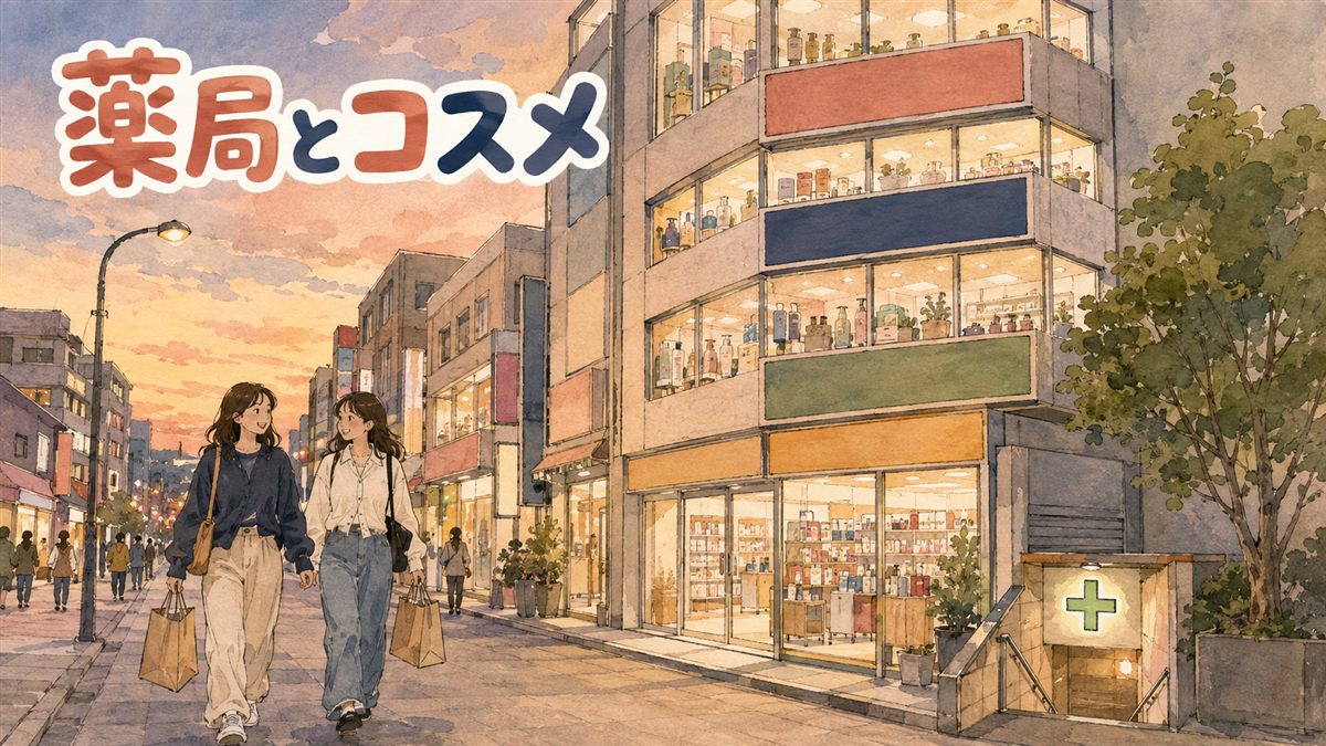 夕方の弘大の通りに面した4階建てのビューティー店舗の外観。地下入口の上に薬局の緑の十字サインが灯り、買い物袋を持つ人が前を通る