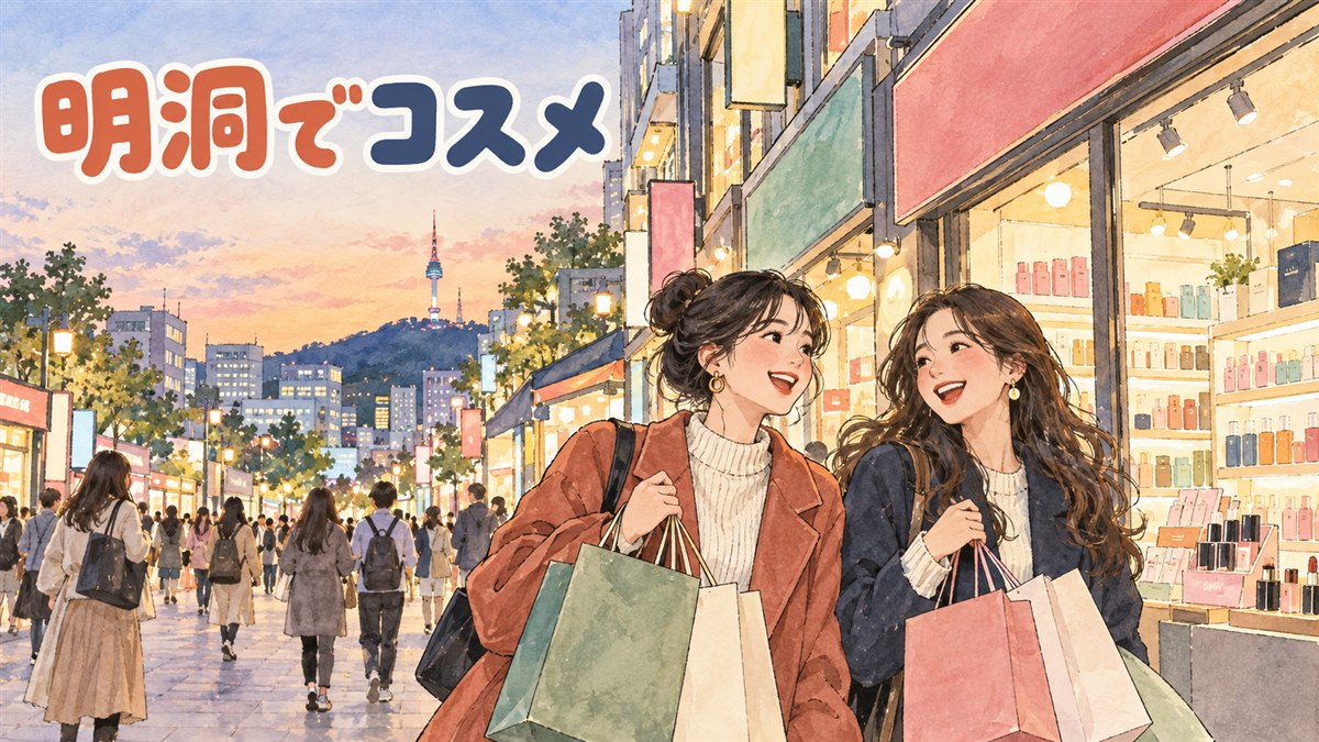 明洞の通りに並ぶ韓国コスメブランドの店舗の外観を見渡すイメージ