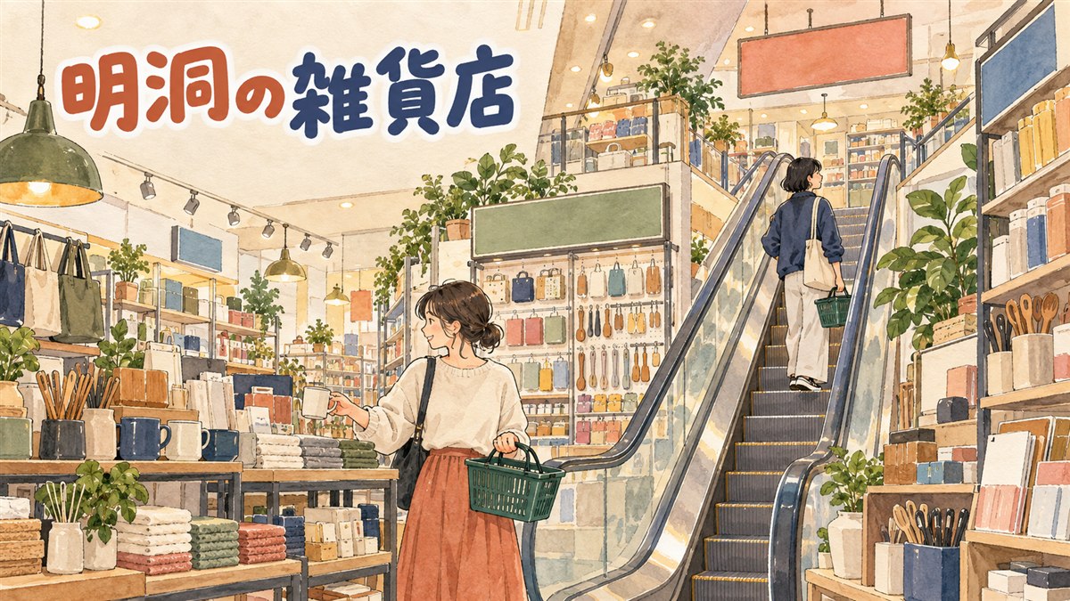 明洞のダイソー明洞駅店の外観とキャリーケースを引く観光客