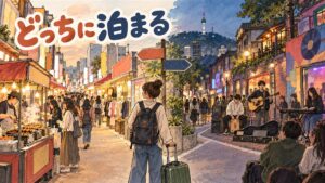 明洞と弘大、どちらに宿泊するか地図を見比べながら考えるイメージ
