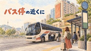 明洞の路上でスーツケースを引きながら空港リムジンバスの停留所を探す旅行者の後ろ姿